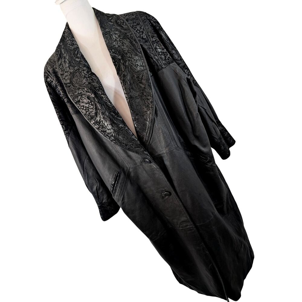 NWOT! OUTBROOK! RICH BLACK GENUINE LEATHER & SUEDE, FLORAL RELIEF TRENCHCOAT! 2X